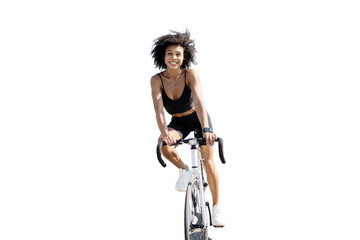 A cheerful cyclist in a cycling suit is a curly-haired millennial woman riding a rest, training...