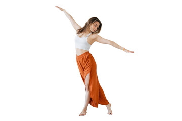 A yoga woman trains alone in a fitness suit. Transparent background, isolate.