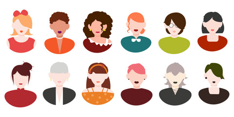 vector avatar profile icon set - set of people icons.Set of people icons with faces.Set with female icons.