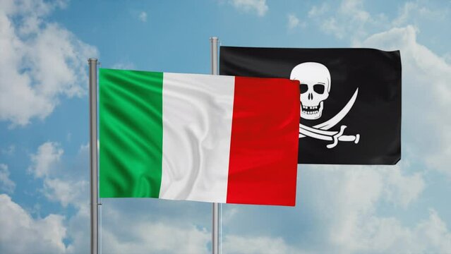 Italy flag and corsair flag waving together in the wind on blue sky, cycle looped video