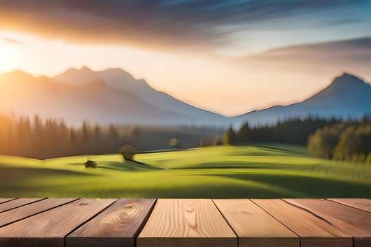 The Empty Brown Wooden table with blur background of a plantation, an Exuberant image with Generative AI