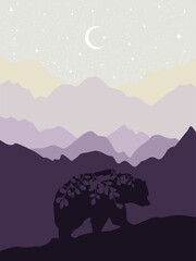Silhouette of a bear with foliage against the background of a mountain night landscape with stars and a moon.