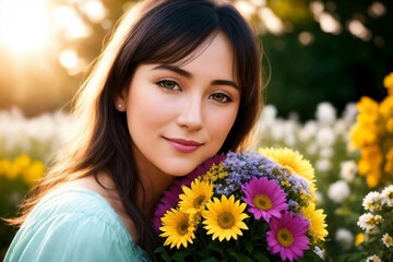 Naklejka premium Portrait of a woman with bouquet of flowers in a garden. Generative AI.
