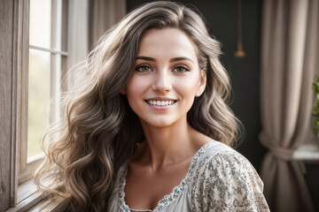 Fototapeta premium Portrait of a beautiful woman near window in a room of a rustic house. Generative AI.