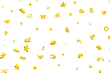 Golden confetti from stars and spirals on a white isolated background. 3d rendering