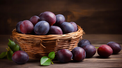 ripe fresh plums in a wicker basket on a wooden background.