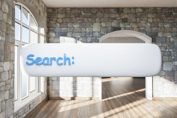 search box text floating in air standing in luxurious loft apartment with arched window and minimalistic interior living room design; 3D Illustration