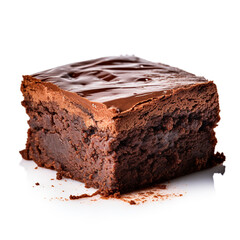 Single moist delicious decadent brownie square on plain white background