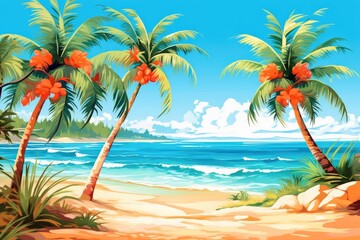Fototapeta na wymiar Illustration background of a beach ocean sand and palm trees in summer vacation Generative AI