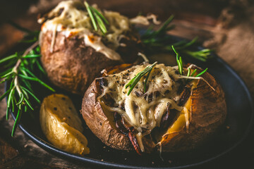 Baked potatoes with mushrooms, sour cream and cheese on a rustic wooden background