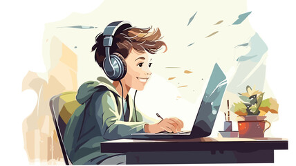 illustration, side view, happy cute little kid doing home school with computer laptop connection with internet study e-learning and course. e-learning web element - obrazy, fototapety, plakaty