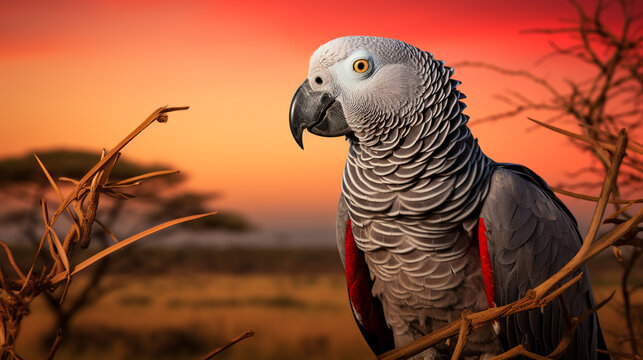 Grey parrot on savanna landscape with beautiful sunset background 