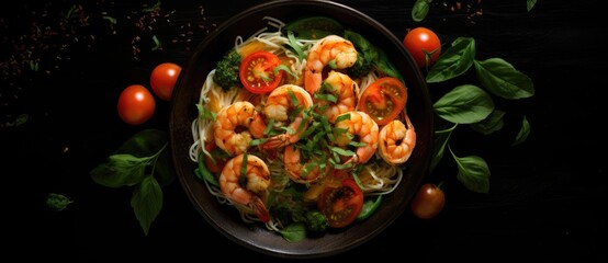 Shrimps and vegetables in a black bowl of pasta, generative ai
