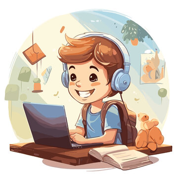 illustration, side view, happy cute little kid doing home school with computer laptop connection with internet study e-learning and course. e-learning web element