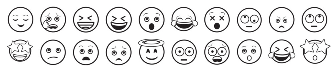 Emoji simple style. Happy, angry, in love and sad. Vector smiley face lines.