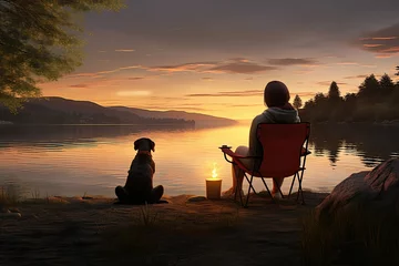 Zelfklevend Fotobehang Young woman and her dog are sitting on the shore of a lake near a campfire in camp, enjoying an amazing view of the lake at sunset. Friendship between man and dog ,Generative AI  © dhiyaeddine