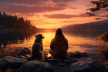 Naklejka na ściany i meble Young woman and her dog are sitting on the shore of a lake near a campfire in camp, enjoying an amazing view of the lake at sunset. Friendship between man and dog ,Generative AI 
