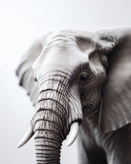 Portrait of a beautiful African elephant (Loxodonta africana) with tusks on a white background. Generative ai.