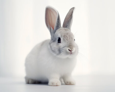 Common white rabbit (Oryctolagus cuniculus) isolated on a white background in a studio shot. Generative ai.