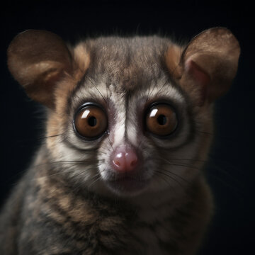 Mouse lemur (Microcebus genus) of Madagascar portrait on a black background. Generative ai.