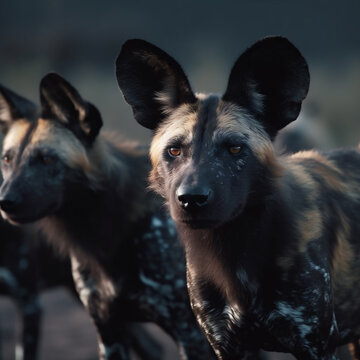 African Wild Dogs (Lycaon Pictus) Hunting In A Pack In Africa. Generative Ai.