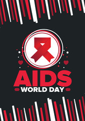 World Aids Day. Red ribbon symbol. Awareness and prevention hiv. Medical healthcare concept. Human support and protection. Celebrated annual in December 1. Poster, banner and background. Vector