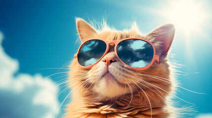 cat wearing sunglasses against blue sky in summer, created with Generative AI, Generative Ai