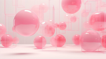 various pink balloons and cubes shapes in studio, created with Generative AI, Generative Ai