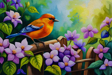Ai Generated, Oil painting, little orange bird on the background of blooming purple clematis and fence. decoration for interior.
