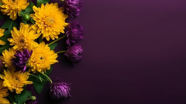 Fondo de flores silvestres amarillas y violetas con espacio para publicidad. Generado por IA.