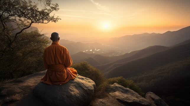 Fondo de un monje tibetano en lo alto de una monta&ntilde;a disfrutando del atardecer. Generado por IA.