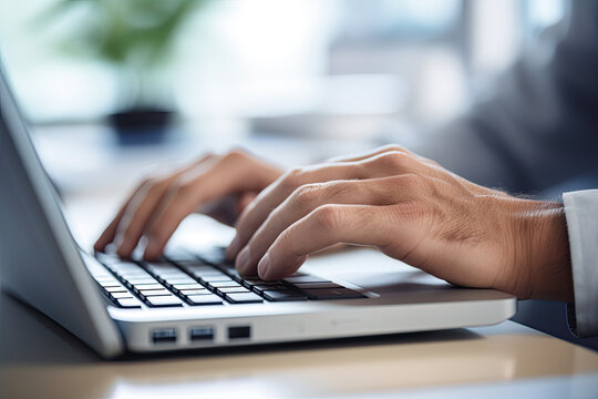A close-up photo of an office worker's hands typing on a keyboard, background slightly blurred, focus on the hands