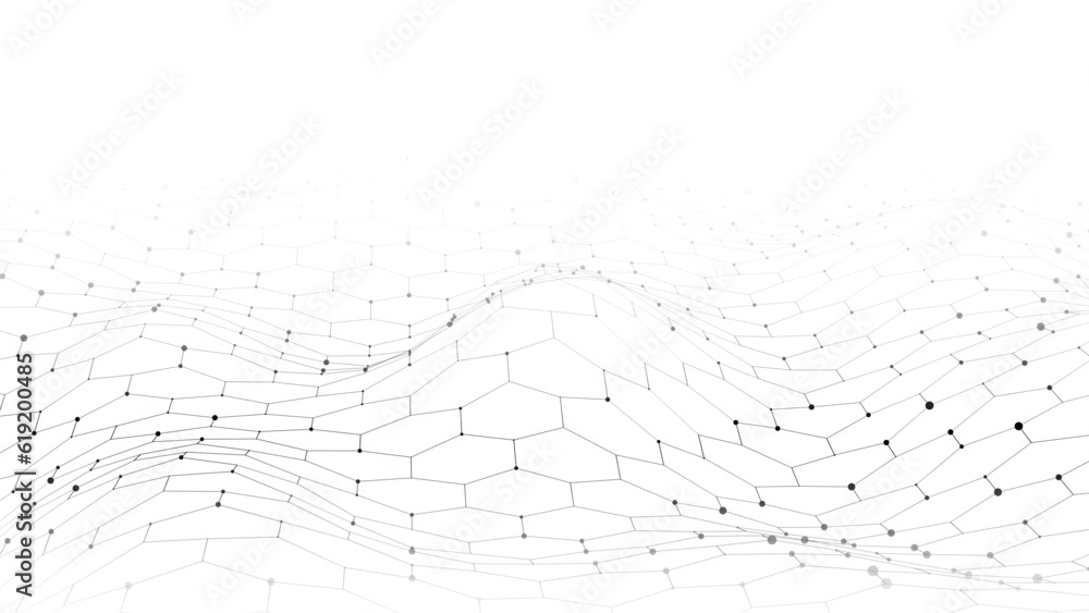 Poster digital hexagon dynamic wave of particles. vector abstract white futuristic background. big data vis
