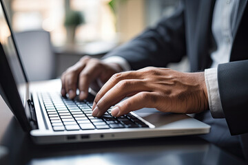 A close-up photo of an office worker's hands typing on a keyboard, background slightly blurred, focus on the hands