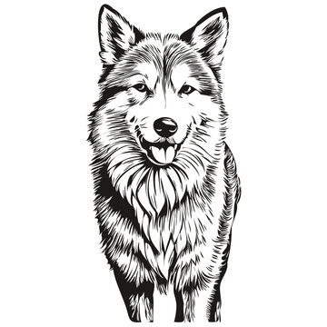 Icelandic Sheepdog dog engraved vector portrait, face cartoon vintage drawing in black and white
