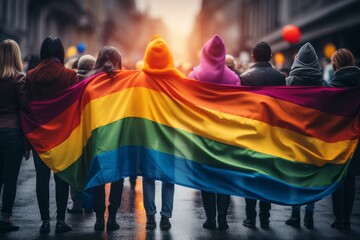 group of gay lgbt people with a pride banner - obrazy, fototapety, plakaty