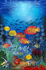 Fototapeta na wymiar Underwater background with tropical fish, vector illustration