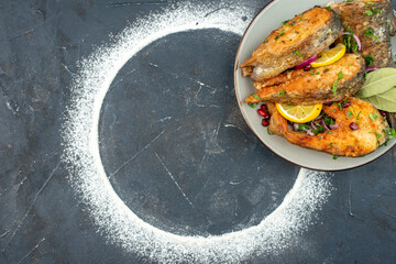 top view fried fish slices with lemon slices on dark background seafood color salad food flour meat health meal