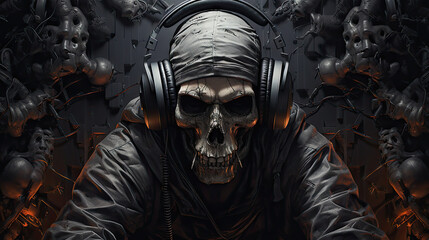 Human skull and the intense gaze add air of mystery and intensity. Immerse yourself in the world of heavy tunes and dark fashion with this edgy and powerful illustration