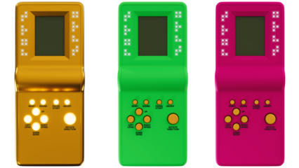 old 3D rendered Tetris in three different themes.
Image on transparent background 
