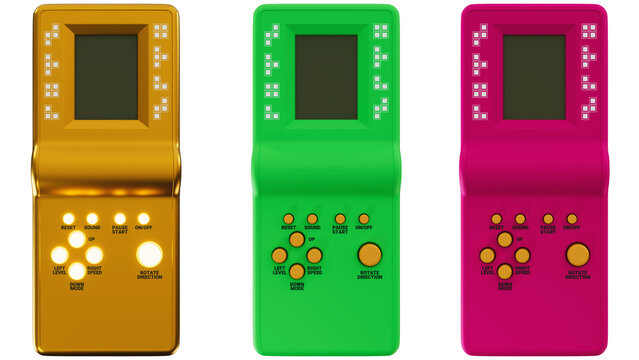 old 3D rendered Tetris in three different themes.
Image on transparent background 