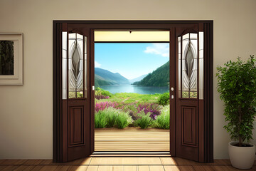 Open door to nature landscape and mountain view - 3D Rendering
