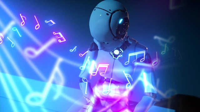 artificial intelligence humanoid robot play on piano with sheet music neon lines graphic overlay. Glowing in futuristic modern 4k video
