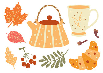 Teapot and cup, croissant, forest leaves and berry. Autumn mood clipart. Set of vector illustrations for Thanksgiving holiday cards making, invitations for party, stickers.