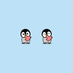 Cute penguin baby with red heart cartoon, vector illustration.