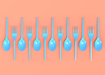 Set of disposable utensils like spoon, fork and knife on monochrome background.