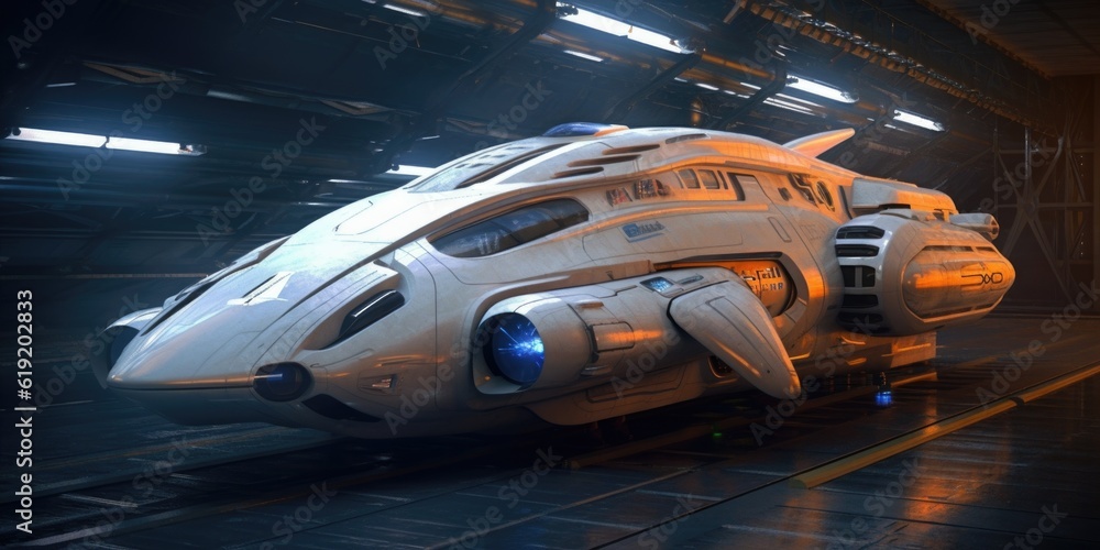 Poster the advanced and futuristic exploratory science carrier spaceship. generative ai aig27.
