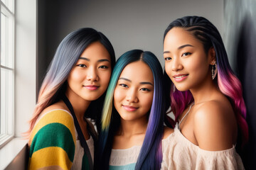 Obraz premium Digital photo of Group of cheerful college women, standing in the campus of the university or college. Back to School concept. Generative AI