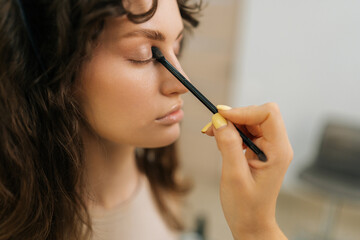 Obraz premium Closeup face of pretty young woman being given applying eyeshadow with glitter in beauty salon. Close up hands of unrecognizable makeup artist applying eyeshadow. Concept of beauty and stylish makeup.