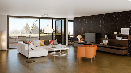 Large luxury modern bright interiors Living room mockup illustration 3D rendering computer digitally generated image